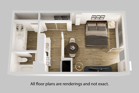 an overhead view of our studio apartment floor plan